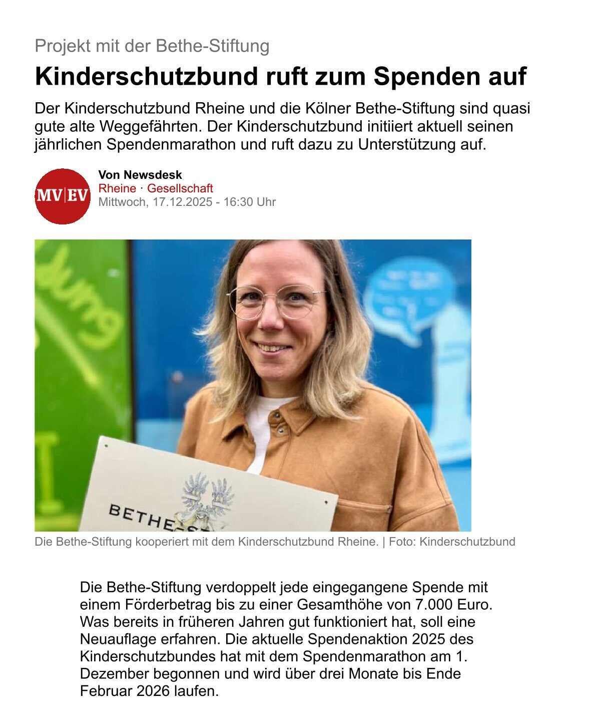 Foto 1 - Kinderschutzbund ruft zum Spenden auf - Projekt mit der Bethe-Stiftung