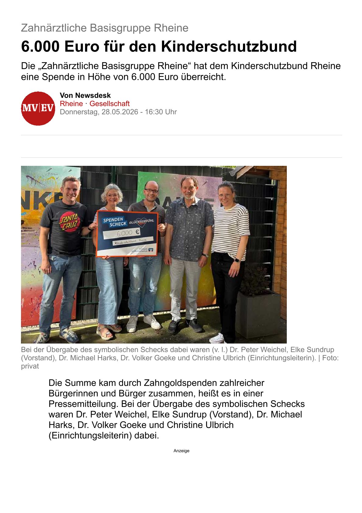 Bild 1 - Artikel 6000 Euro für den Kinderschutzbund